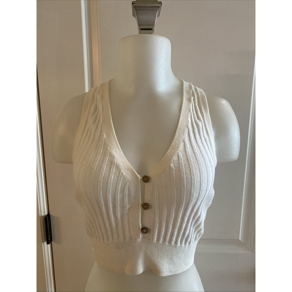 Intimately Free People Tank Top Vest Button White Ribbed Deep V-Neck Size Small